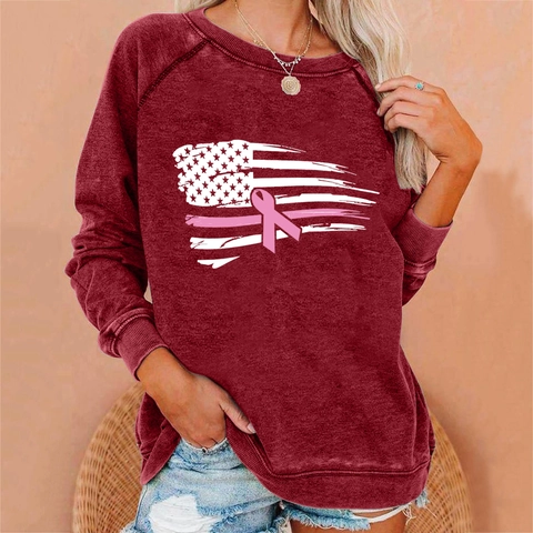 Women's Casual Round Neck Sweatshirt Cotton Blend Raglan Sleeve Breast Cancer Awareness Pink Ribbon Flag Print Pullover Top
