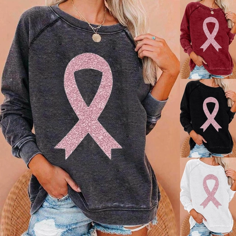 Dames Casual Raglanmouw Sweatshirt Borstkanker Bewustzijn Roze Lint Print Ruime Lange Mouw Dikke Pullover