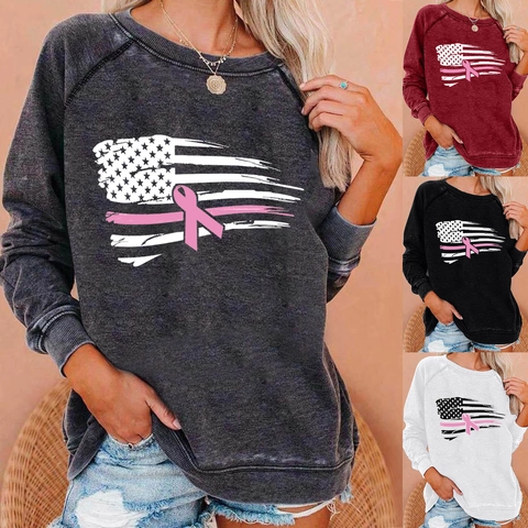 Women's Casual Round Neck Sweatshirt Cotton Blend Raglan Sleeve Breast Cancer Awareness Pink Ribbon Flag Print Pullover Top