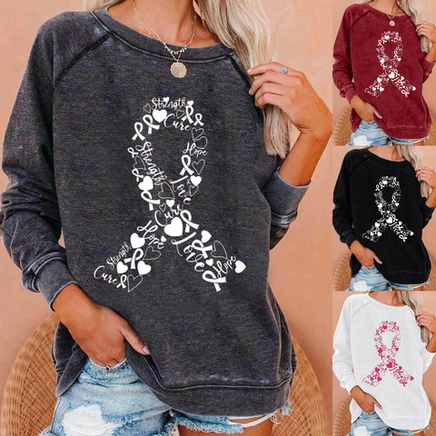 Sudadera Casual de Mezcla de Algodón con Cuello Redondo para Mujer Estampado de Cinta Rosa Cáncer de Mama Top Pullover