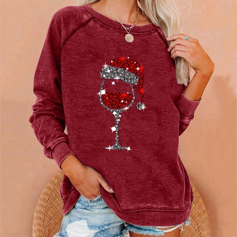 Felpa da Donna Casual in Misto Cotone Stampa Glitter Calice di Natale Girocollo Manica Lunga Raglan Pullover Largo Top