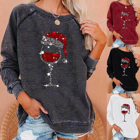 Felpa da Donna Casual in Misto Cotone Stampa Glitter Calice di Natale Girocollo Manica Lunga Raglan Pullover Largo Top