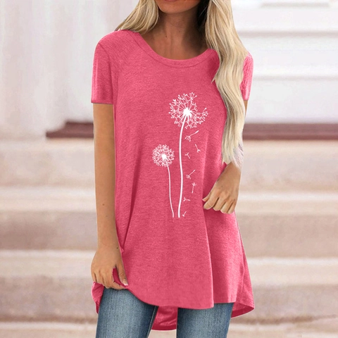 Damen Casual Pusteblumen Print T-Shirt Rundhals Kurzarm Locker Vokuhila Saum Baumwollmischung Langes Tunika Top