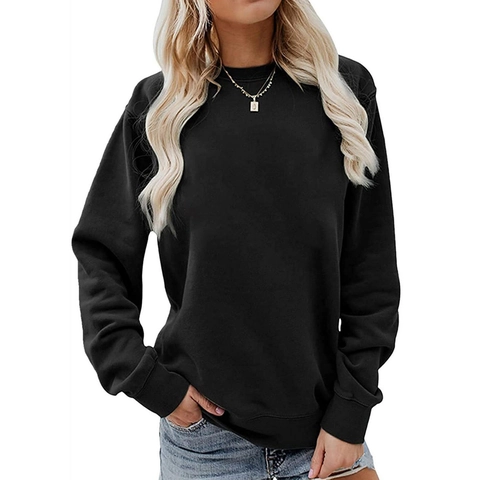 Women's Casual Loose Sweatshirt Solid Color Crew Neck Drop Shoulder Long Sleeve Pullover Mid Length Fleece Jersey Top