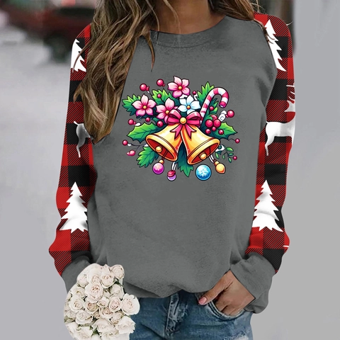 Women Christmas Sweatshirt Buffalo Plaid Patchwork Long Sleeve Reindeer Wine Glass Graphic Pullover Crew Neck Holiday Top