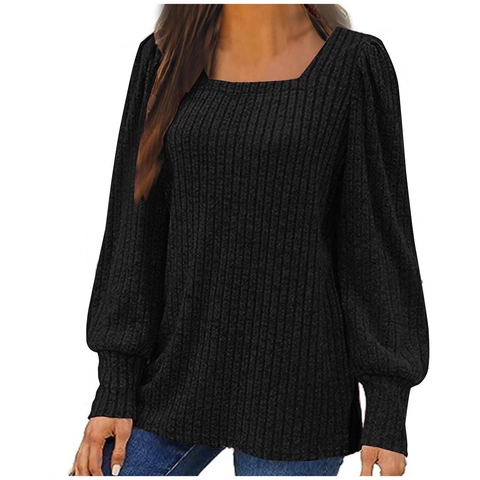 Sudadera de Punto Acanalado para Mujer Escote Cuadrado Manga Abullonada Top Holgado con Abertura Casual Color Sólido Otoño Invierno