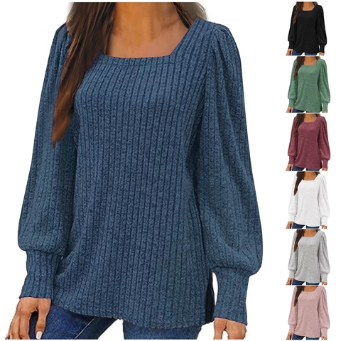 Sudadera de Punto Acanalado para Mujer Escote Cuadrado Manga Abullonada Top Holgado con Abertura Casual Color Sólido Otoño Invierno
