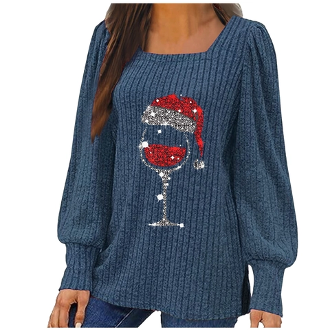 Damen Weihnachten Weinglas Druck Rippenstrick Oberteil Eckiger Ausschnitt Laternenärmel Pullover Sweatshirt Festliches Party Shirt