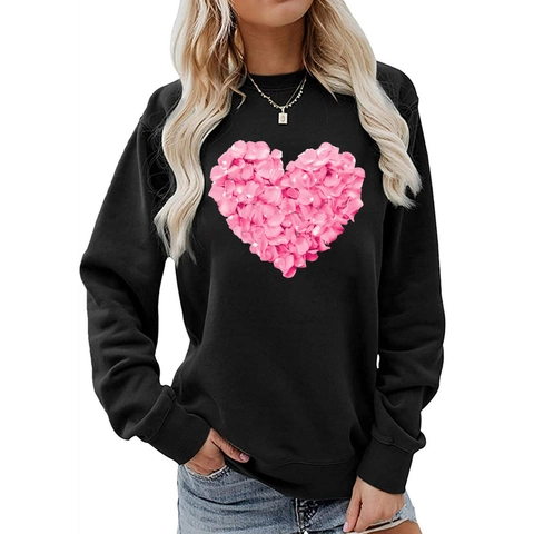 Women Casual Cotton Blend Sweatshirt Valentine's Day Heart Print Loose Round Neck Drop Shoulder Long Sleeve Pullover Top