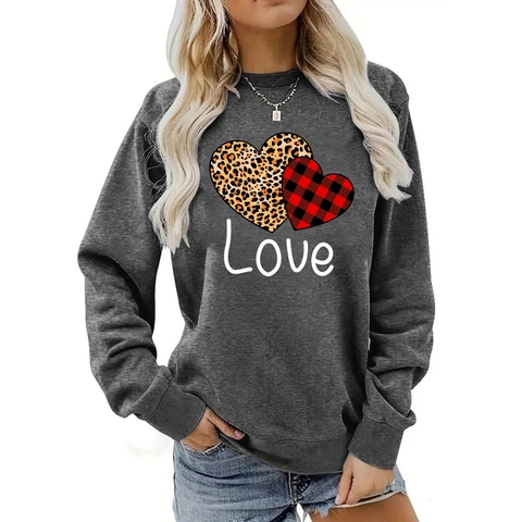 Felpa Donna Casual Ampia Stampa Cuore San Valentino Girocollo Manica Lunga Spalla Cadente Misto Cotone Pullover