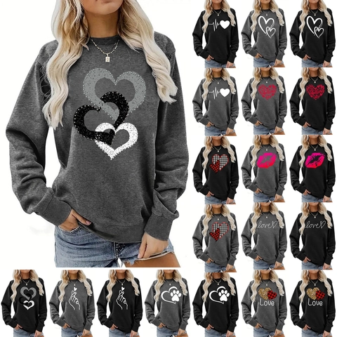 Felpa Donna Casual Ampia Stampa Cuore San Valentino Girocollo Manica Lunga Spalla Cadente Misto Cotone Pullover