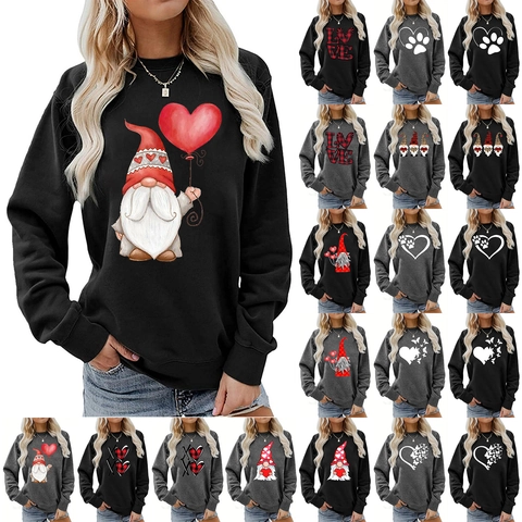 Damen Casual Rundhals Langarm Sweatshirt Valentinstag Zwerg Herz Schmetterling Druck Lockerer Pullover Top