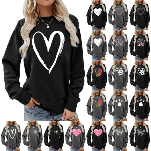 Women Casual Cotton Blend Sweatshirt Valentine's Day Heart Print Loose Round Neck Drop Shoulder Long Sleeve Pullover Top