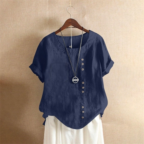 Women's Casual Linen Blend Short Sleeve Blouse Round Neck Loose T-Shirt With Side Buttons And Pocket Elegant Summer Top