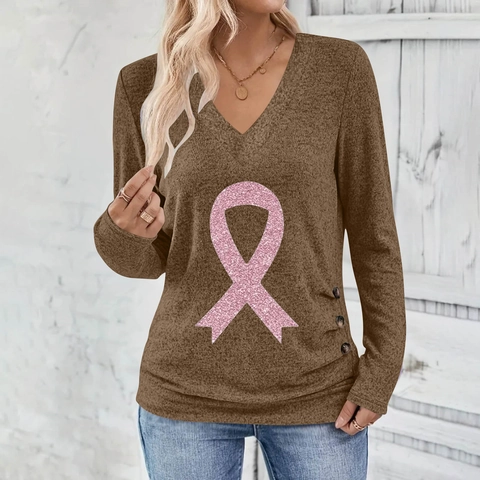 Women Casual V Neck Long Sleeve T-Shirt Pink Ribbon Awareness Print Pullover Top With Decorative Side Buttons Soft Knit