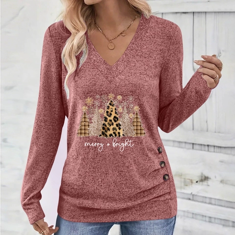 Dames V-hals Lange Mouwen T-Shirt Kerstboom Luipaard Letters Print Geraffeld Knopen Feestelijke Casual Winter Top