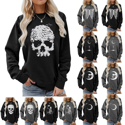 Women Halloween Skull Print Sweatshirt Round Neck Drop Shoulder Loose Fit Cotton Blend Gothic Skeleton Graphic Long Sleeve Top