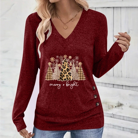 Dames V-hals Lange Mouwen T-Shirt Kerstboom Luipaard Letters Print Geraffeld Knopen Feestelijke Casual Winter Top