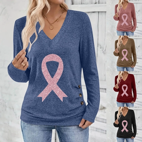 Women Casual V Neck Long Sleeve T-Shirt Pink Ribbon Awareness Print Pullover Top With Decorative Side Buttons Soft Knit