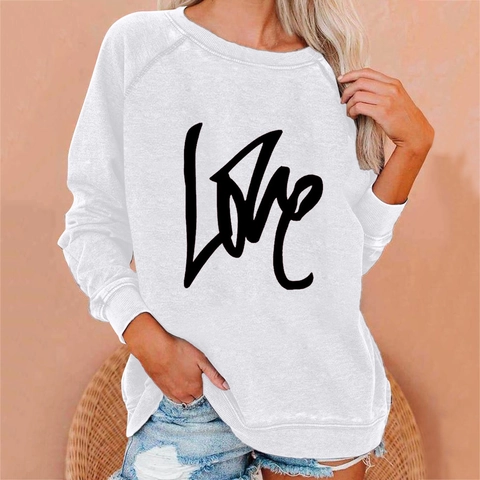 Dames Casual Letter LOVE Print Sweatshirt Ronde Hals Lange Mouw Pullover Katoenmix Raglanmouw Streetwear Top