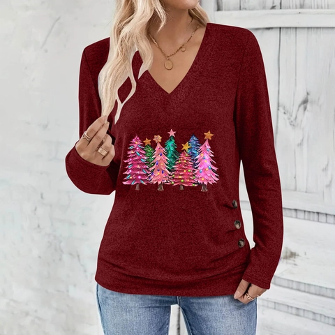 T-Shirt Femme Élégant Col en V Manches Longues Imprimé Sapin de Noël Boutons Froncés Haut Décontracté Festif Automne Hiver