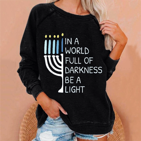 Felpa da Donna Hanukkah Menorah Stampa Lettere Manica Lunga Girocollo Misto Cotone Streetwear Casual Top Pullover