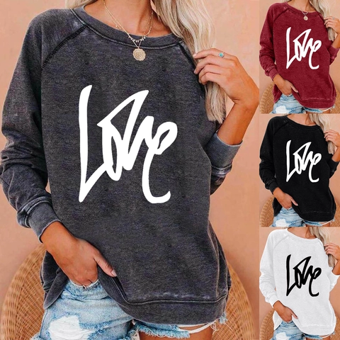 Dames Casual Letter LOVE Print Sweatshirt Ronde Hals Lange Mouw Pullover Katoenmix Raglanmouw Streetwear Top