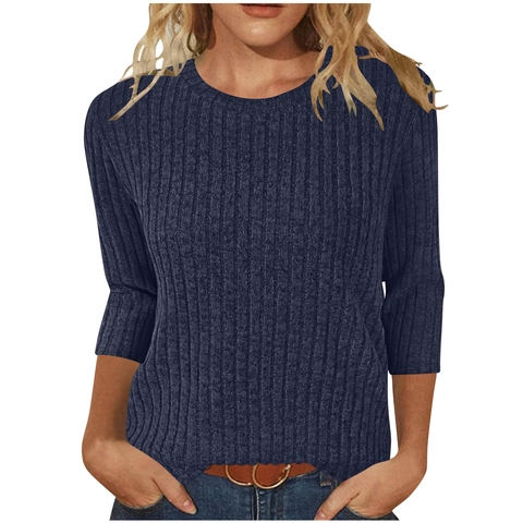 Haut Décontracté en Tricot à Côtes pour Femmes Col Rond Manches 3/4 Coupe Ajustée Tissu Brossé T-Shirt Élégant Uni