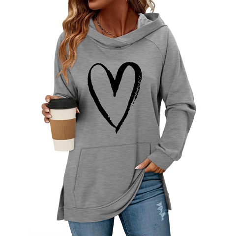 Sweat à Capuche Décontracté pour Femme Imprimé Cœur Manches Longues Poche Fente Latérale Pull Top Mode Streetwear Saint-Valentin