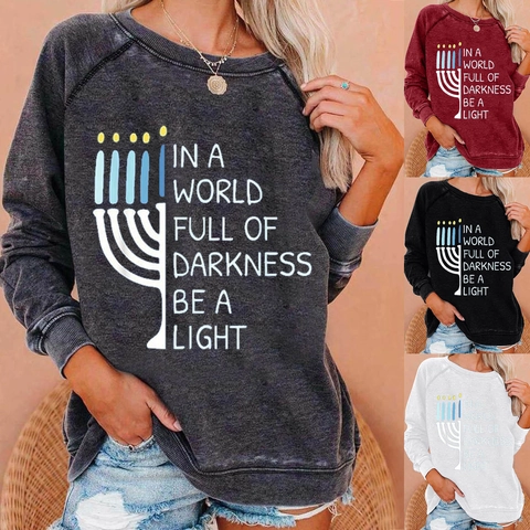 Felpa da Donna Hanukkah Menorah Stampa Lettere Manica Lunga Girocollo Misto Cotone Streetwear Casual Top Pullover