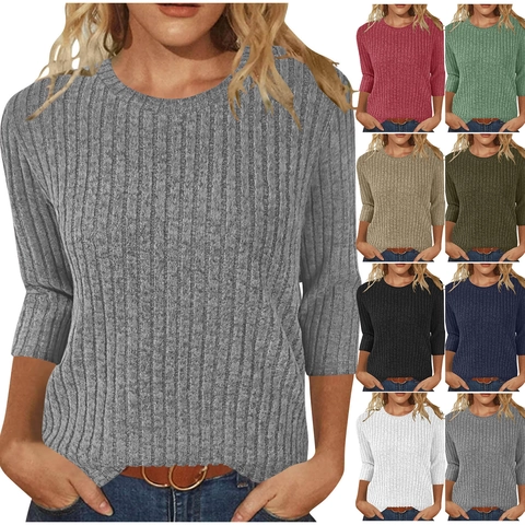 Haut Décontracté en Tricot à Côtes pour Femmes Col Rond Manches 3/4 Coupe Ajustée Tissu Brossé T-Shirt Élégant Uni