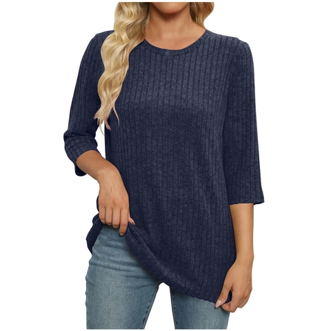 Damen Casual Geripptes T-Shirt Rundhals Dreiviertelarm Weich Einfarbig Pullover Top Frühling Herbst Streetwear