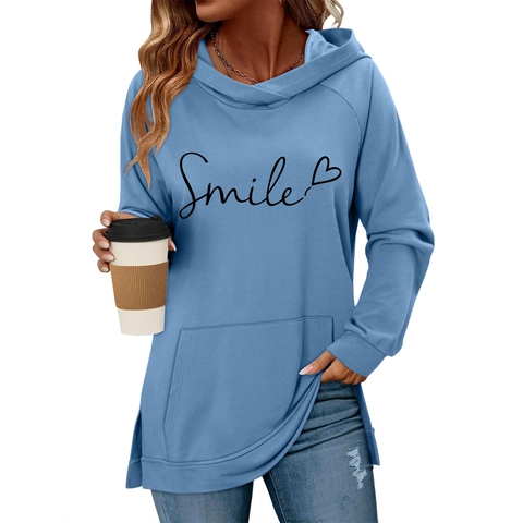 Γυναικείο Casual Smile Letter Print Hoodie Heart Graphic Sweatshirt Μακρύ Μανίκι Τσέπη Πλευρικό Σκίσιμο Χαλαρό Πουλόβερ Streetwear Top