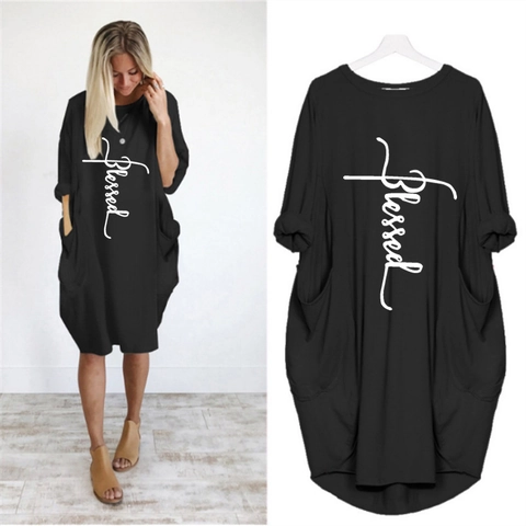 Vestito Midi Casual da Donna Con Stampa Blessed Lettere Manica Lunga Tasche Girocollo Oversized Streetwear Abito T-Shirt