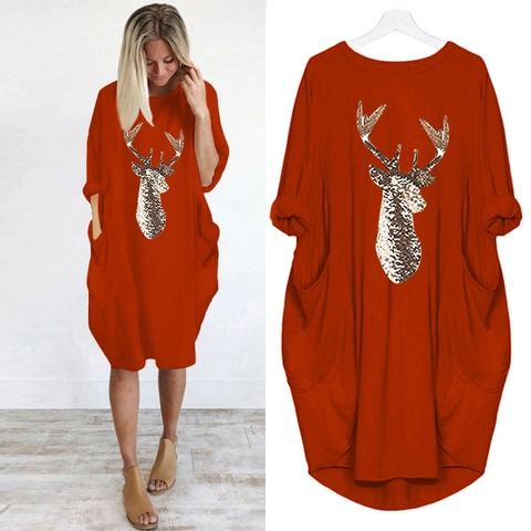 Women Casual Reindeer Print Long Sleeve Midi Dress With Pockets Oversized Leopard Deer Head Graphic Round Neck Loose Dress