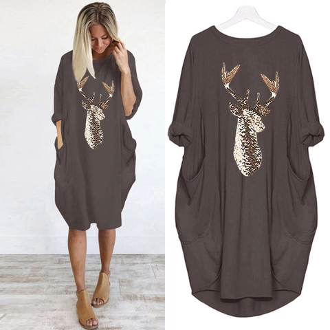Women Casual Reindeer Print Long Sleeve Midi Dress With Pockets Oversized Leopard Deer Head Graphic Round Neck Loose Dress