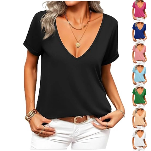 Γυναικείο Κομψό T-Shirt Με Βαθιά Λαιμόκοψη V Casual Κοντό Μανίκι Μονόχρωμο Με Γυρισμένα Μανίκια Πουλόβερ Καλοκαίρι