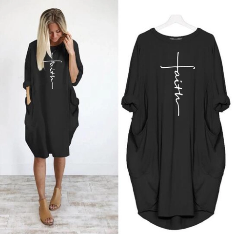 Abito Midi Donna Girocollo Manica Lunga Stampa Croce Faith Casual Largo Linea ad A Con Tasche Orlo Irregolare Moda