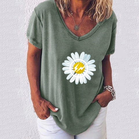 Damen Casual Baumwollmischung V-Ausschnitt Kurzarm T-Shirt Gänseblümchen Blitz Druck Streetwear Locker Sommer Top