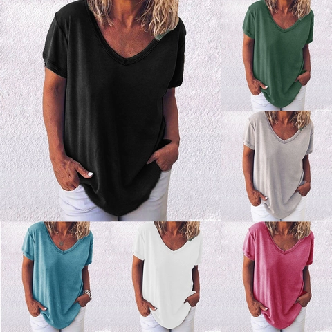Women Casual Loose V-Neck Short Sleeve T-Shirt Solid Color Polyester Summer Top Basic Daily Streetwear Tee
