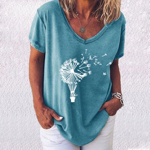 Dames Zomer V-Hals Korte Mouw T-Shirt Casual Loose Paardenbloem Grafische Print Katoenmix Tee Top Grote Maten