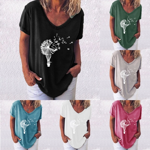 Dames Zomer V-Hals Korte Mouw T-Shirt Casual Loose Paardenbloem Grafische Print Katoenmix Tee Top Grote Maten