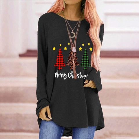 Dames Kerstboom Letter Print Lange Mouw T-Shirt Casual Ronde Hals Pullover Vakantie Grafische Top