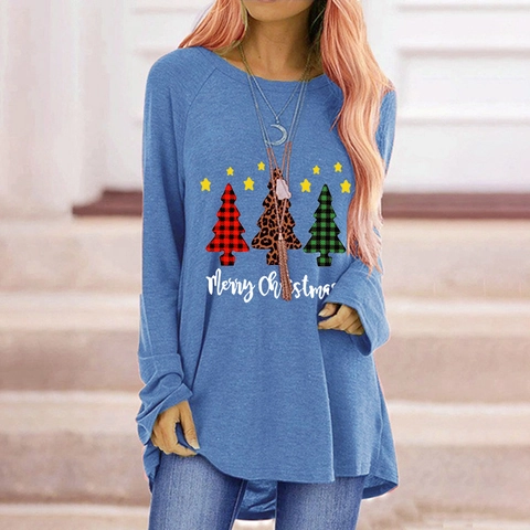 Dames Kerstboom Letter Print Lange Mouw T-Shirt Casual Ronde Hals Pullover Vakantie Grafische Top