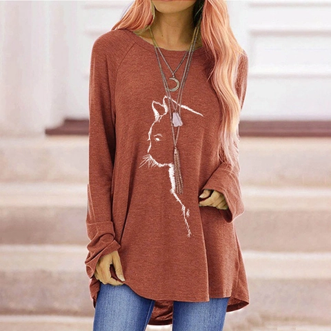 Women Casual Cat Print Long Sleeve T-Shirt Loose Round Neck Raglan Sleeve Cotton Blend High-Low Hem Top Pullover Tee