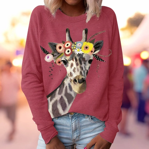 Dames Casual Ronde Hals Raglan Lange Mouwen Sweatshirt Artistieke Giraf Bloemenkroon Print Katoenmix Pullover Top