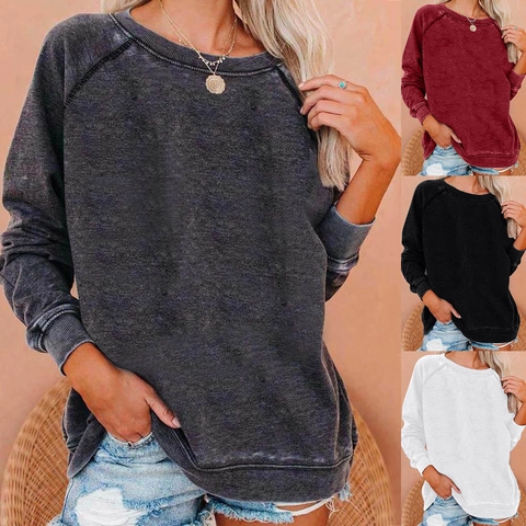 Damen Casual Einfarbig Rundhals Sweatshirt Lockere Passform Raglanärmel Gerippter Besatz Pullover Top Für Herbst Winter