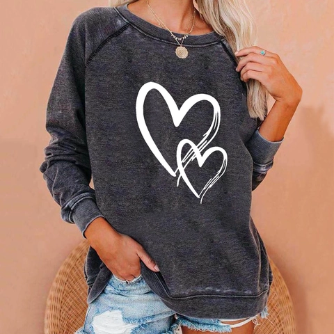 Felpa da Donna Casual con Stampa Doppio Cuore Girocollo Manica Raglan Pullover Top a Costine Misto Cotone Vestibilità Larga