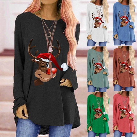 Maglietta da Donna con Stampa Renna di Natale Manica Lunga Casual Larga Girocollo Top Grafico Vacanza Simpatico Cervo Cartoon