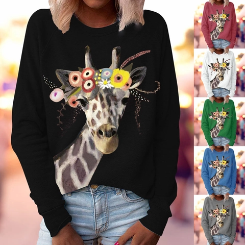 Dames Casual Ronde Hals Raglan Lange Mouwen Sweatshirt Artistieke Giraf Bloemenkroon Print Katoenmix Pullover Top